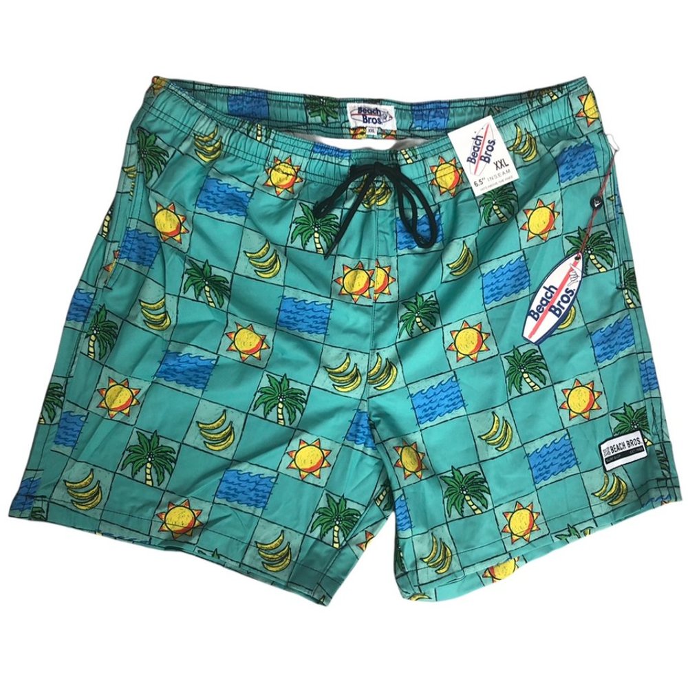 Beach Bros Men's Bottoms Aqua Palm Trees/Sun/Wave Lined Swim Trunks Size XXL NWT
